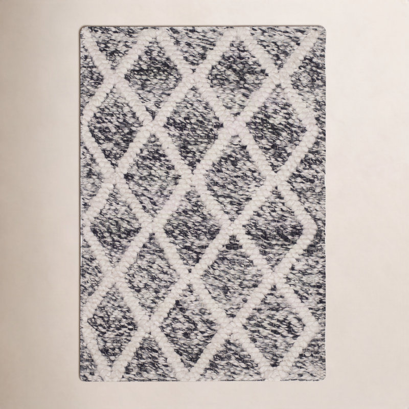 Tapis à motif géométrique tissé à plat à la main ivoire / noir Russo, Rectangle 5 pi x 8 pi