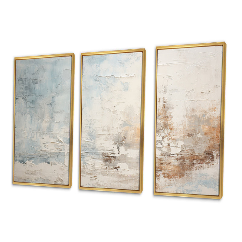 Ensemble de décorations murales Beige Blue Ocean Storm II - formes abstraites, Cadre flottant doré