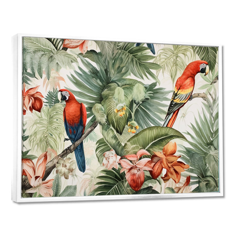 Perroquet au paradis I - art mural perroquet, H 34 po x l 44 po x P 1,5 po, Cadre flottant blanc