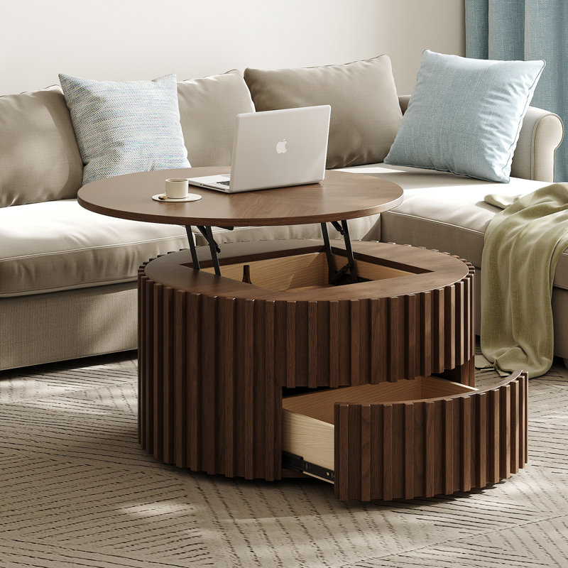 Table basse à plateau relevable 31,5 po, table centrale ronde avec tiroir dissimulé, couleur noyer