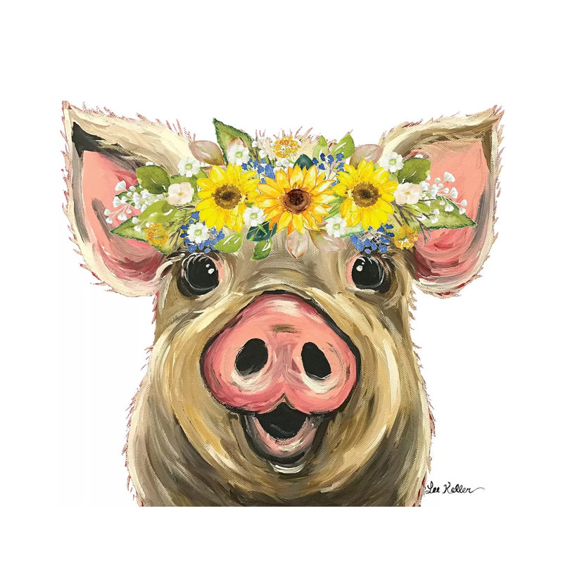 Posey The Pig With Sunflower Flower Crown - Painting on Canvas, Wrapped Canvas, 93.98cm H x 93.98cm W x 3.81cm D