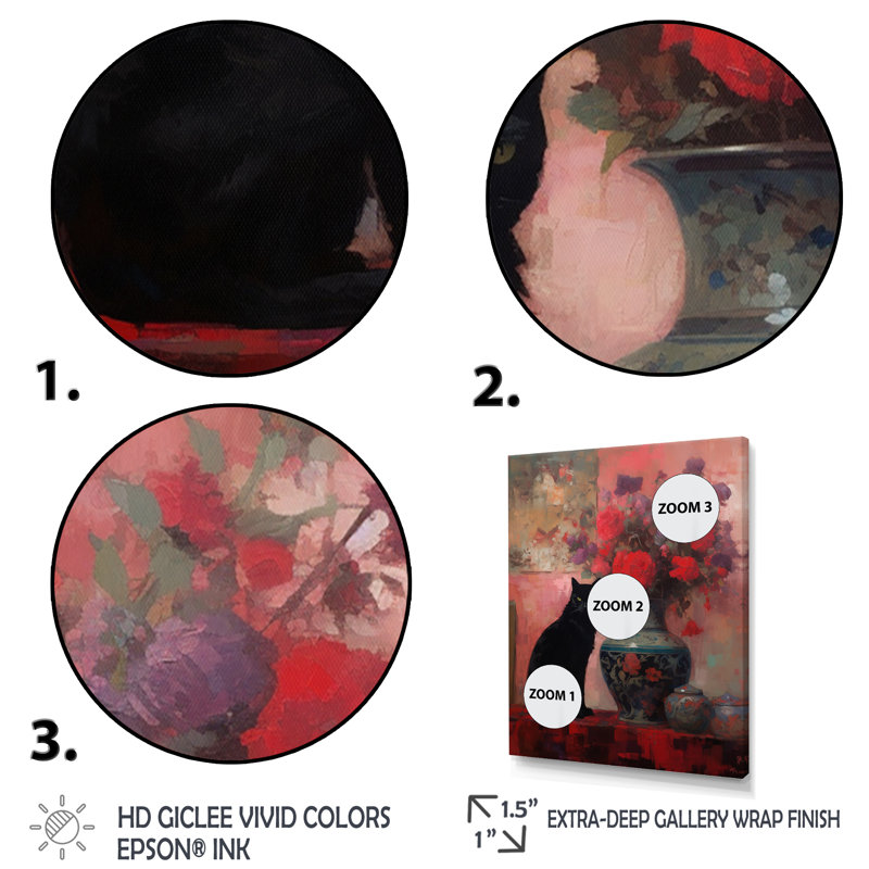 Peinture d'un chat noir avec vase rouge, H 40 po x l 30 po x P 1,5 po, Cadre naturel flottant