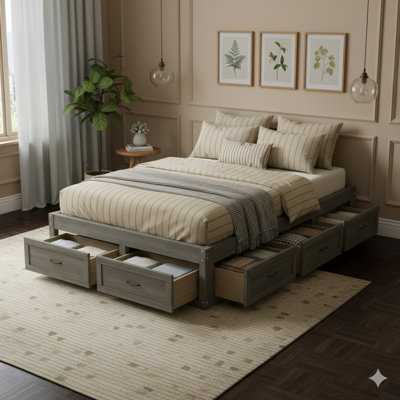 Lit plateforme antique gris avec six tiroirs de rangement