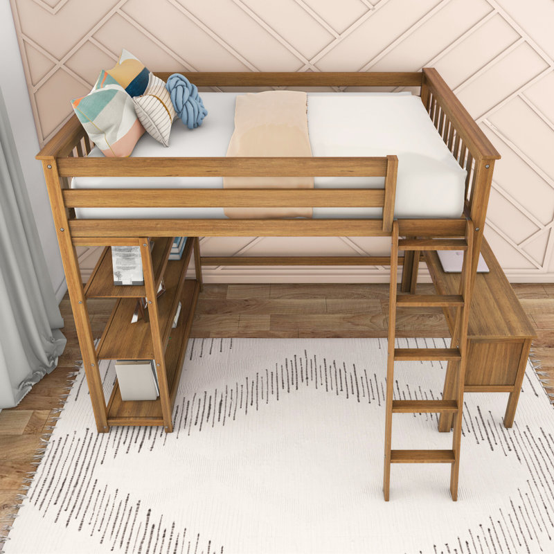  Ermal Full High Loft Bed With Bookcase And Desk, Pecan