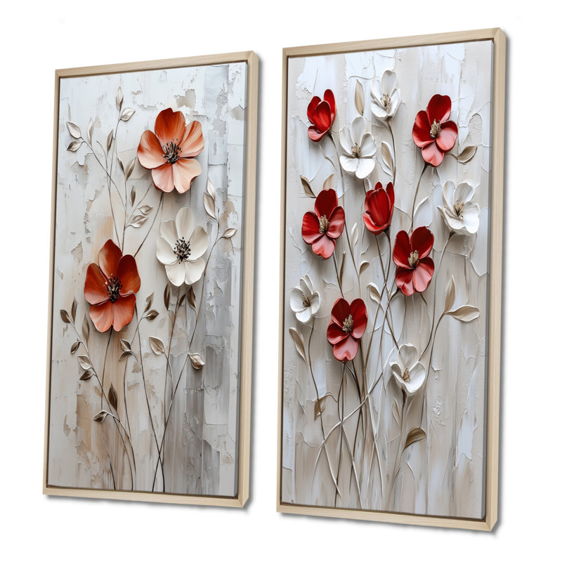 «Red Blooming Poppies Melody I» - ensemble d'art mural 2 coquelicots, H 28 po x l 24 po, Impression encadrée, Érable