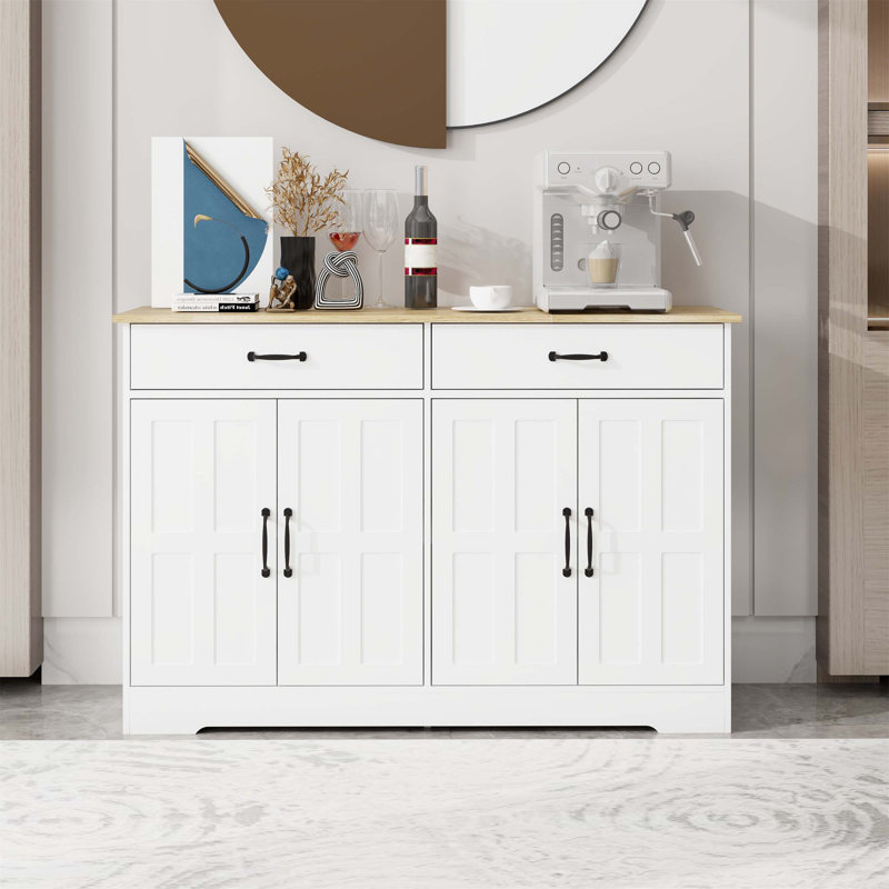 Farmhouse Buffet Cabinet With 2 Drawers And 4 Doors, UV-Painted For Durable And Stylish Storage In Dining, Living, And Kitchen Areas