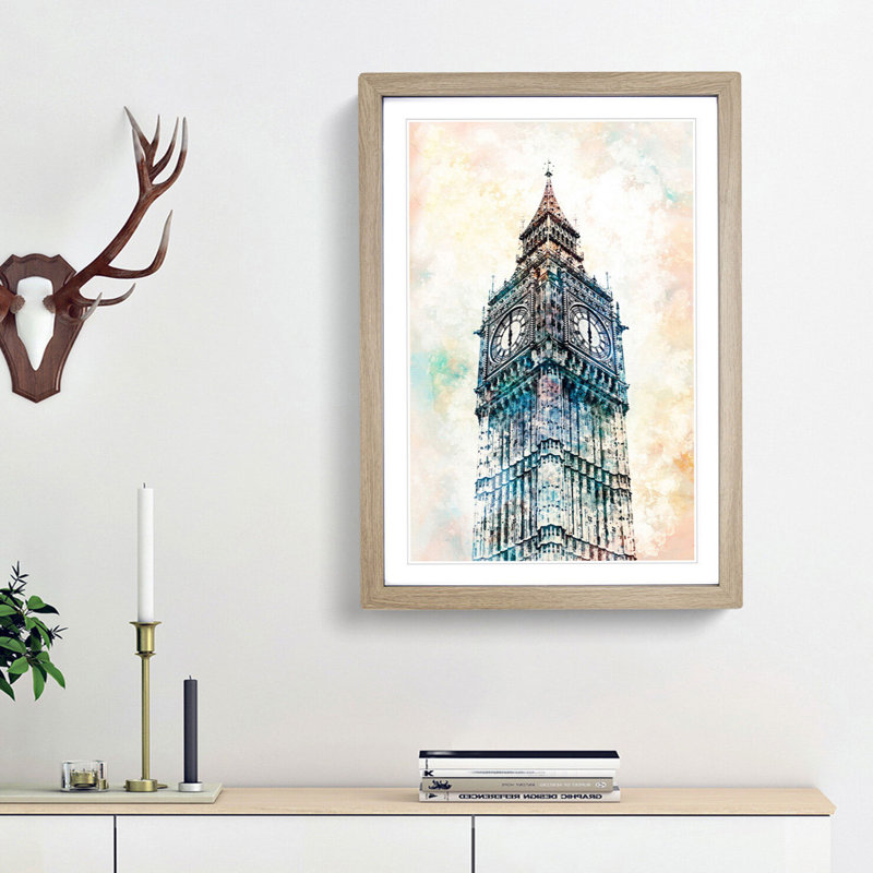 Big Ben London in Abstract - Picture Frame Painting Print, 87cm H x 62cm W x 2cm D, Oak Framed