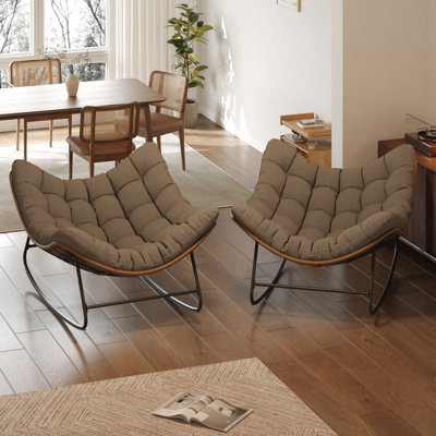 Oversized Rocking Papasan Chair With Cushion For Living Room, Bedroom (Set Of 2)