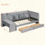 Lit de jour rembourré avec tiroirs, tablettes, armoires rabattables et table d'appoint