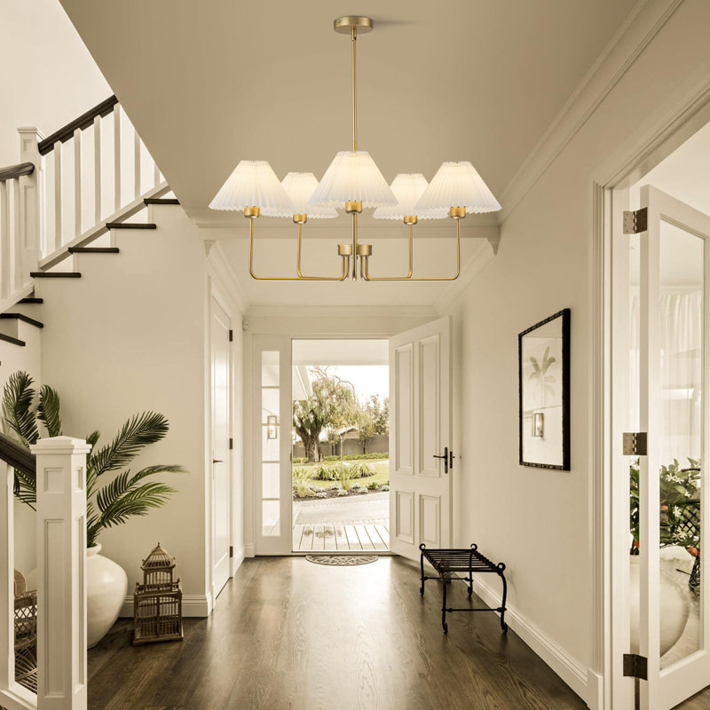5-LIght Gold Chandelier, Modern Chandelier For Dining Room  With White Fabric Shade, Rose Gold