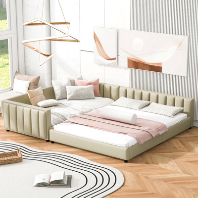 Queen Size & Twin XL Size Upholstered Platform Bed, Mother & Child Bed, PU Leather