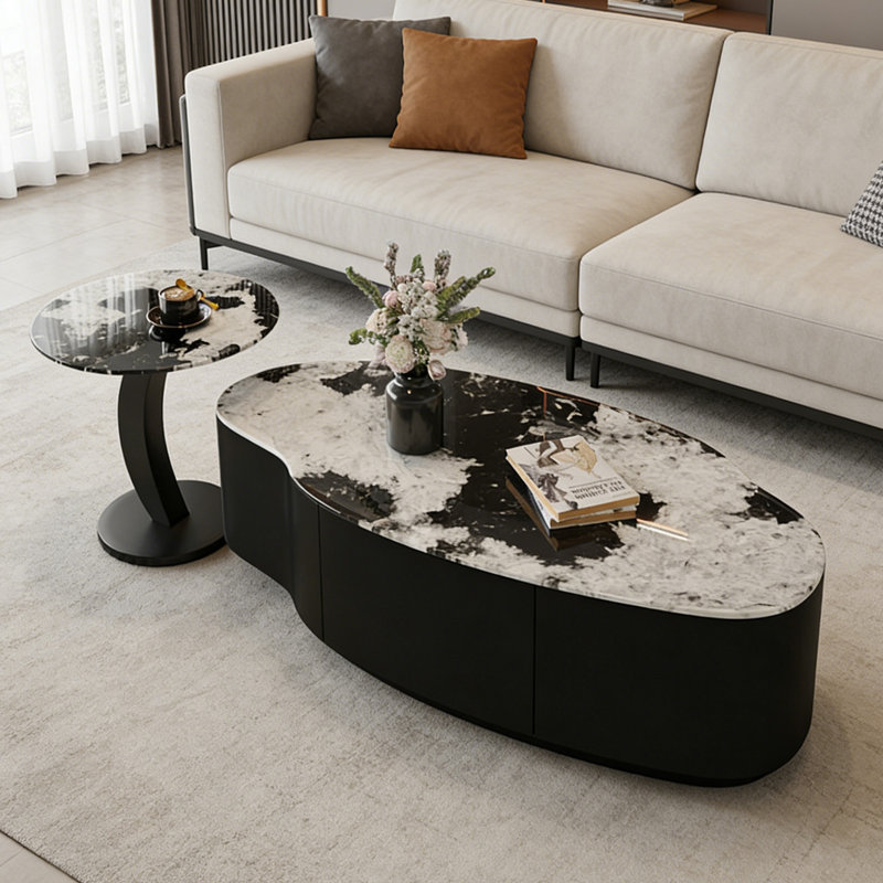 Ensemble de tables basses haut de gamme avec rangement en verre trempé, H 15,74 po x L 39,37 po x l 19,68 po, Noir / blanc