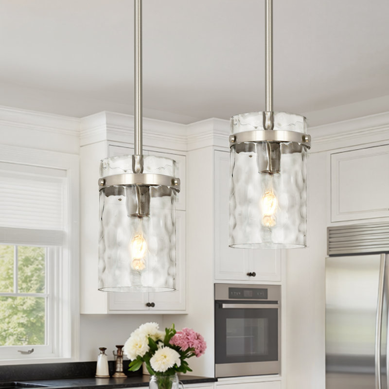 Luminaire suspendu pour îlot de cuisine en verre martelé moyen à 1 lumière de 5,1 po de large Levona (ensemble de 2), Nickel