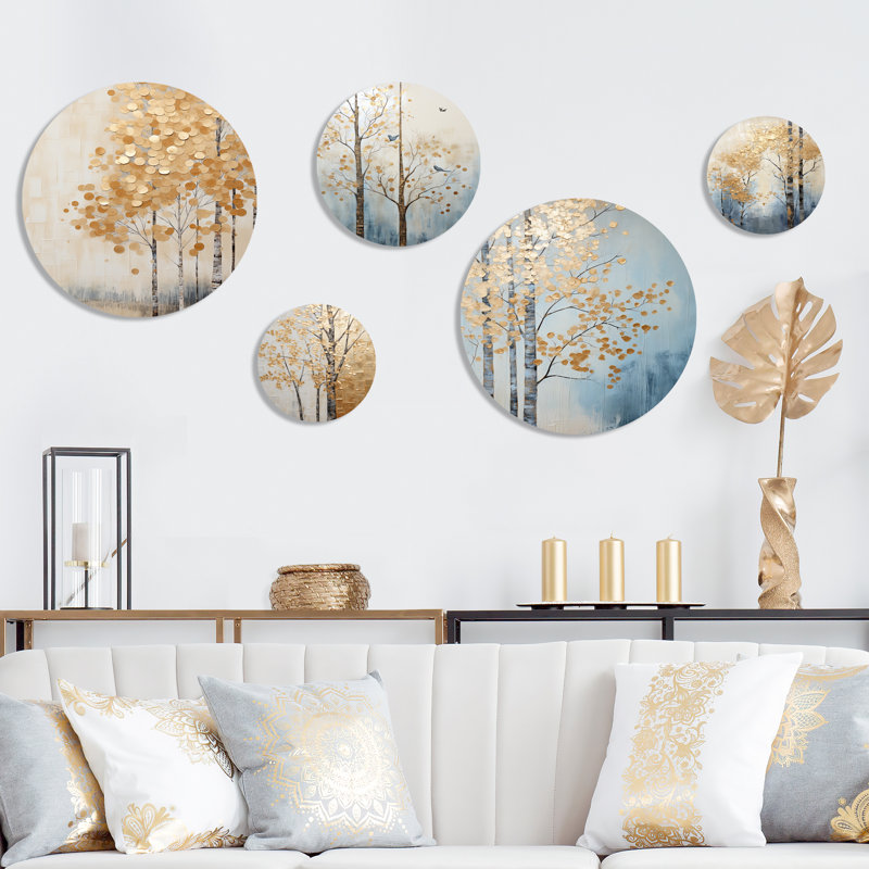 Minimalisme «Golden Trees Harmony» - ensemble d'art mural rond 5 arbres
