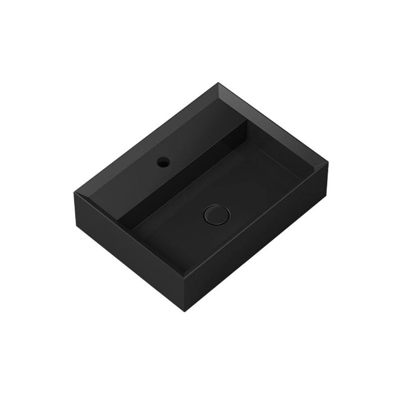 WS Bath Collections Cut 17.7'' Glossy White Ceramic Rectangular Vessel, Wall Mount Bathroom Sink with Overflow, Matte Black