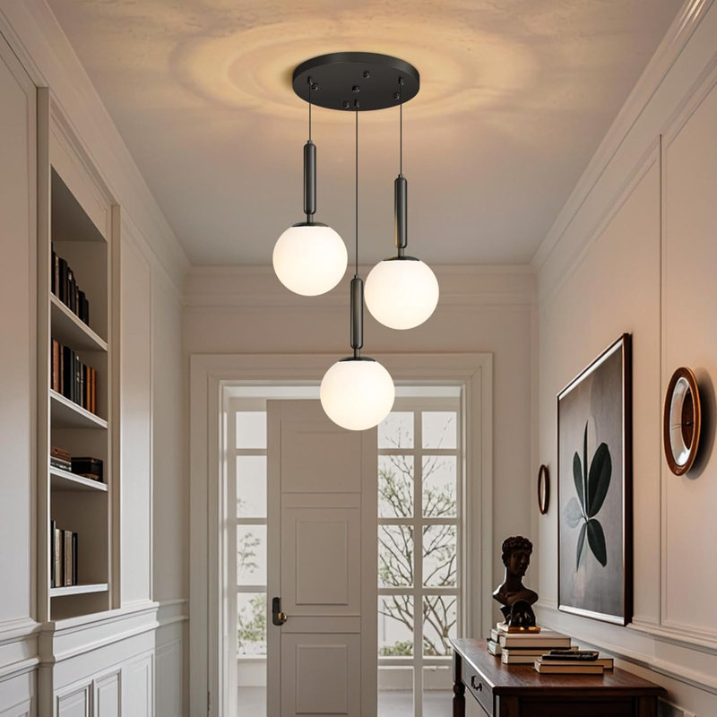 Glass Modern Chandelier, Matte Black, 3 Lights