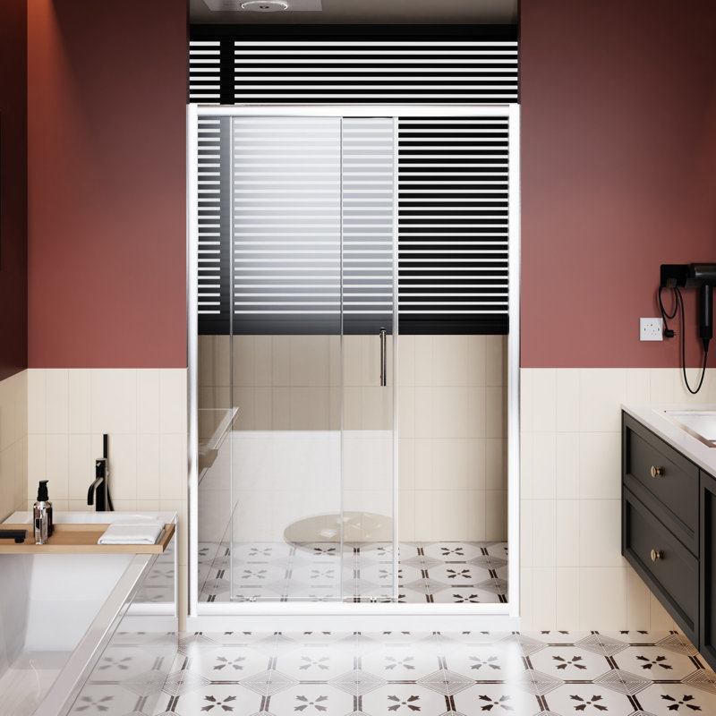 Porte de douche coulissante simple, l 48 po x H 72 po, verre trempé transparent de 1/5 po d'épaisseur, finition, fabrication, seuil de fond imperméable H réglable, surface facile à nettoyer, roulettes