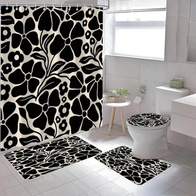 4 Piece Modern Abstract Black White Floral Bathroom Set with Shower Curtain, Rugs