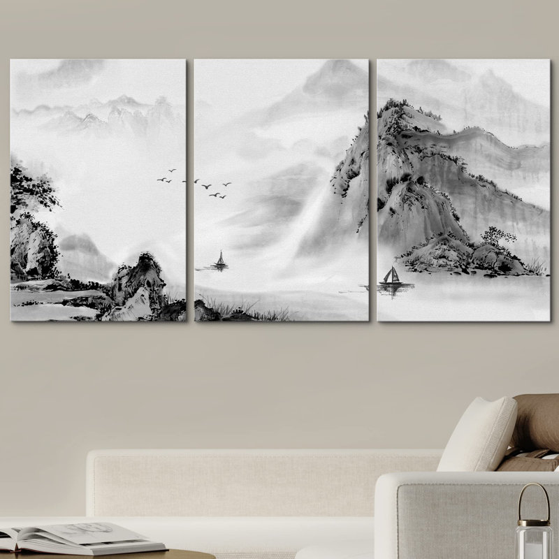 Chinoiserie, paysage abstrait, noir et blanc, encre de Chine, forêt tropicale, nature, illustrations, art moderne, culture, paysage