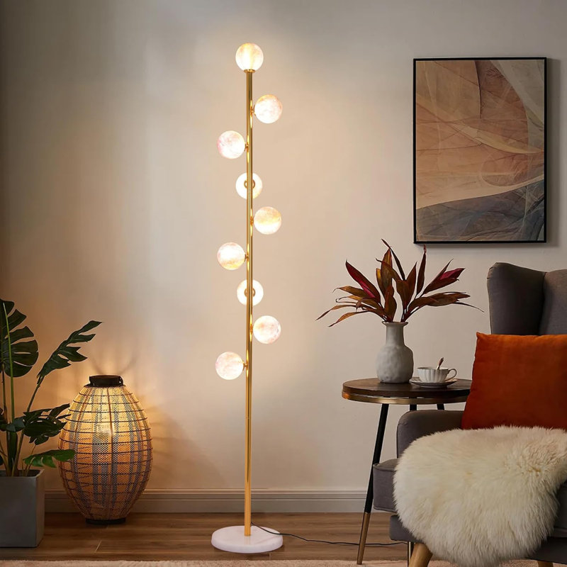 Lampe sur pied moderne de style Mid-Century avec abat-jour sphérique et base en marbre lestée pour le salon, la chambre à coucher, le bureau - ampoules DEL incluses, assemblage facile