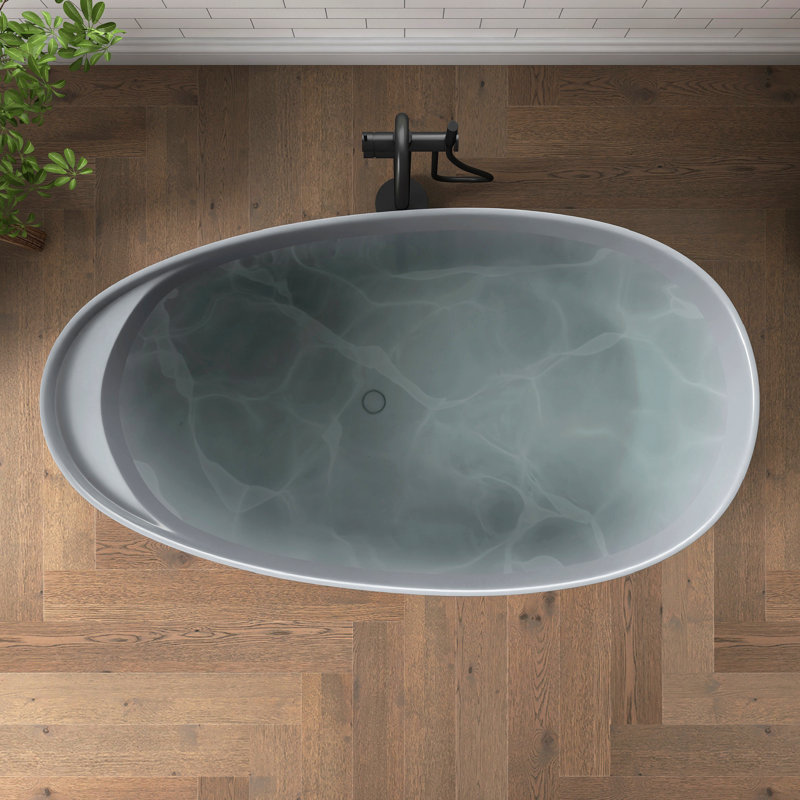 Baignoire autoportante à surface solide de 59 po en forme de travertin à texture de pierre ovale avec trop-plein Forma, gris Forma