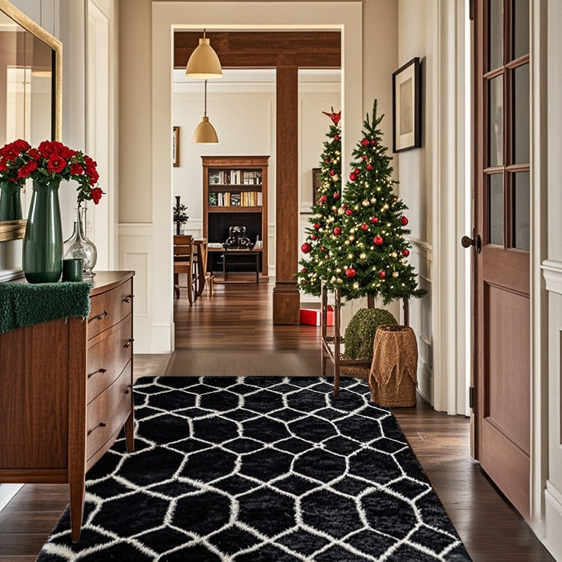Black & White Geometric Area Rug, Soft Plush Carpet for Living Room Hallway, Festive Holiday Rug for Halloween Christmas, Non-Slip Floor Mat for Home Office, Stylish Hexagon Decor