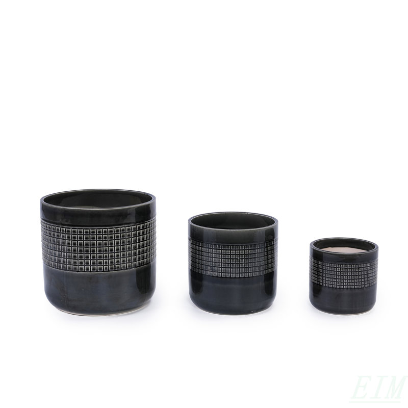Handmade Black Glazed Ceramic Planter Set Of 3, 9" 7" 6" Diameter, Grid Pattern, For Succulents & Cacti Indoor/Outdoor Shelf & Table Use, Porous Clay With Drainage Holes