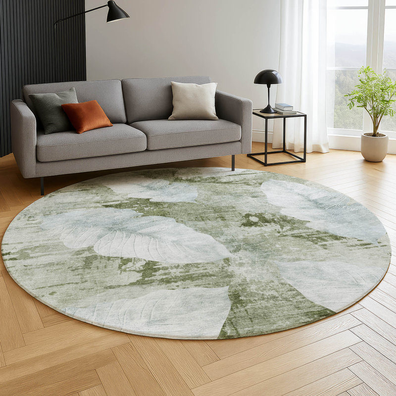 Premium Machine Washable Mayfield floral Rug, 8' Round, Aloe
