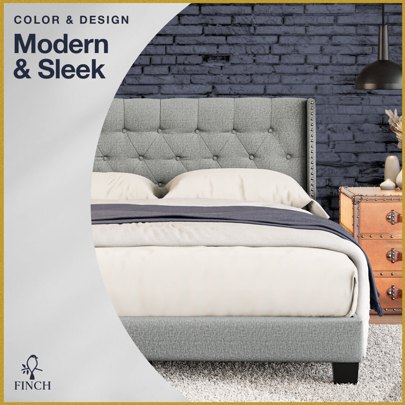 Luxurious Grey Linen King Upholstered Bed with Tufted Wingback Headboard