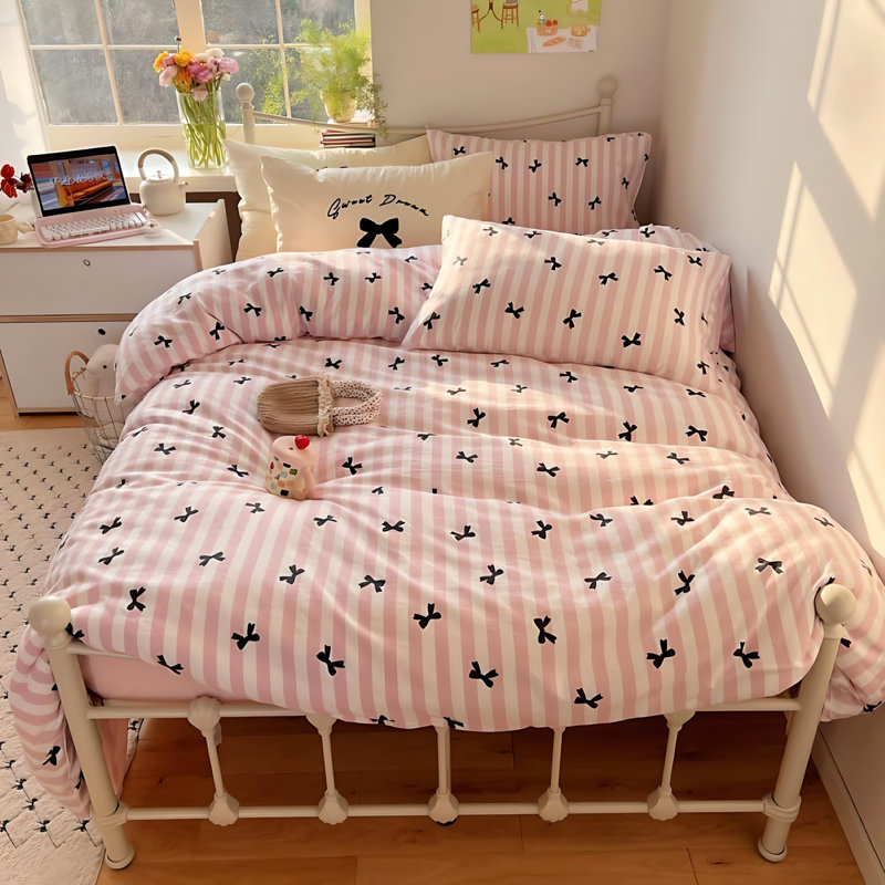 Nayoroom Cute Bowknot Cartoon Duvet Cover Set Bowknot Polka Dot On Abstract Striped Comforter Cover Zipper Closure For Kids Girls Boys Woman