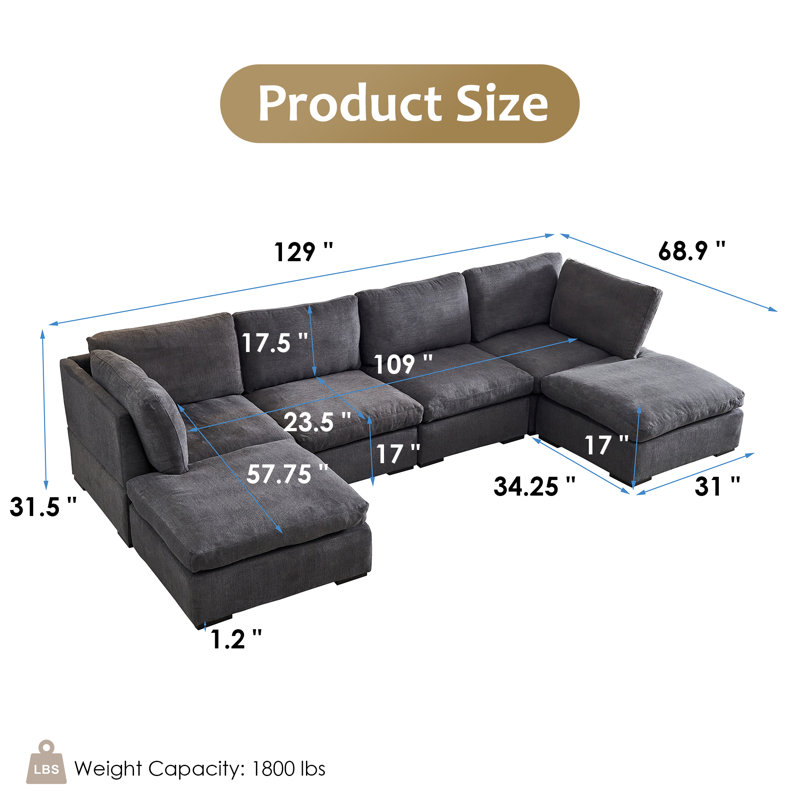 Eugenija 129" W Down Filled Modular Sectional, Dark Gray Fabric