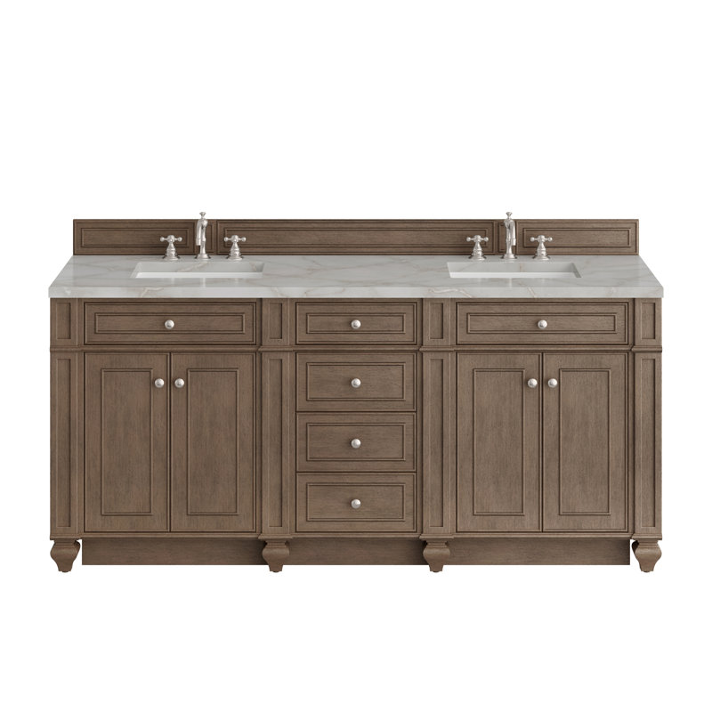 Meuble-lavabo double l 72 po Bristol, Noyer blanchi, Argent victorien, 8 po