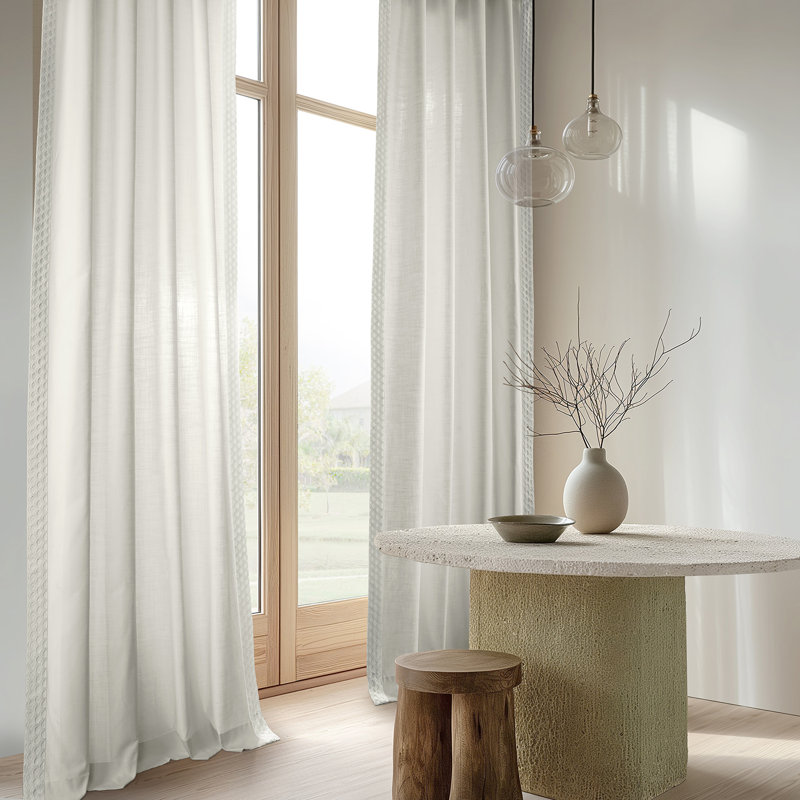 100% Cotton Semi Sheer Curtain Single Panel, 50" W x 96" L, Scalloped White