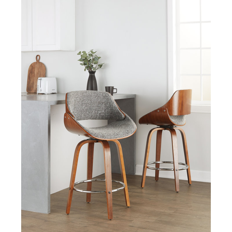 Linnetta 26" Mid-Century Modern Fixed-Height Counter Stool With Swivel In Walnut Wood And Noise Grey Fabric With Round Chrome Metal Footrest- Set Of 2