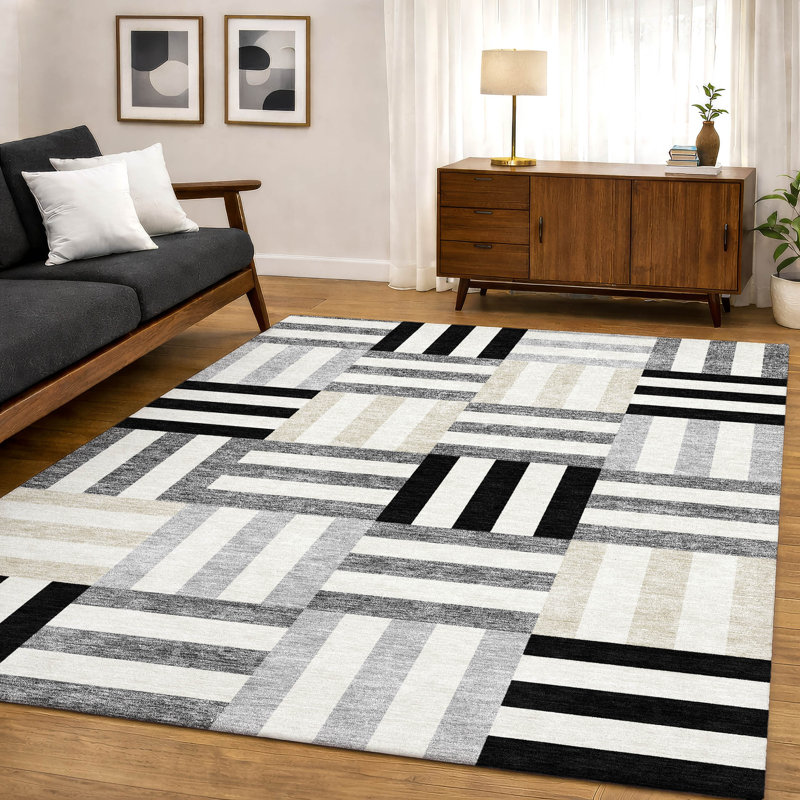 Premium Machine Washable Mayfield AMF2332 Geometric Rug, 9' x 12', Black