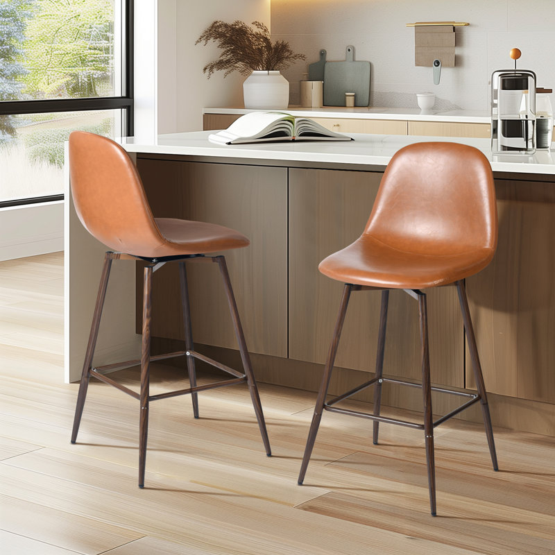 Moulton 26" Swivel Upholstered Counter Stools for Kitchen Island with Backrest and Footrest, Faux Leather-Brown