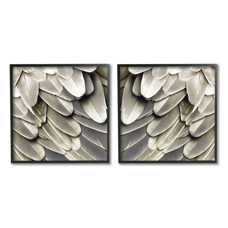 «Feathered Bird Wings» par Julia Bosco - Ensemble de 2 peintures, Giclée encadrée noir minuit, H 12 po x l 12 po x P 1,5 po