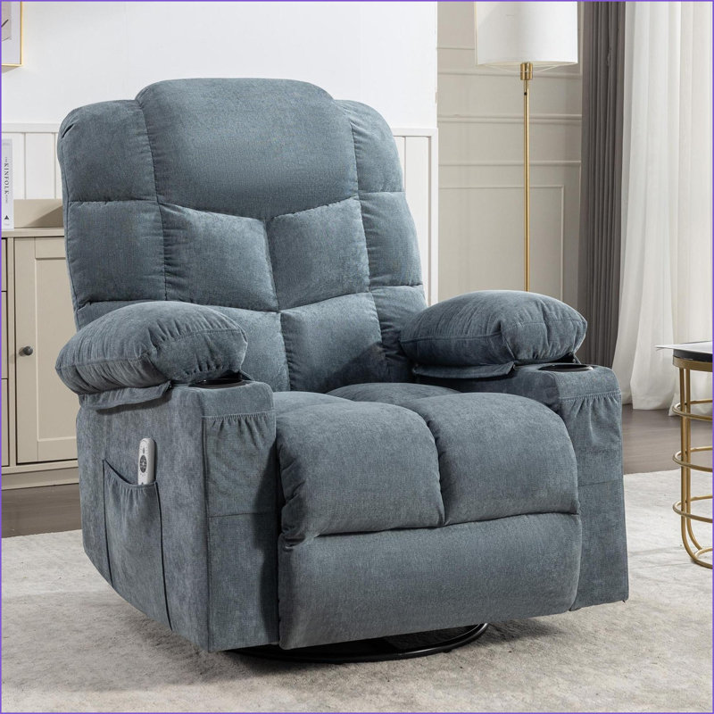 Recliners with Vibration Massage &amp; Heat, Oversized Rocker Chair with 2 Cup Holders, USB Port | Navy Blue | Metal &amp; Wood Frame
