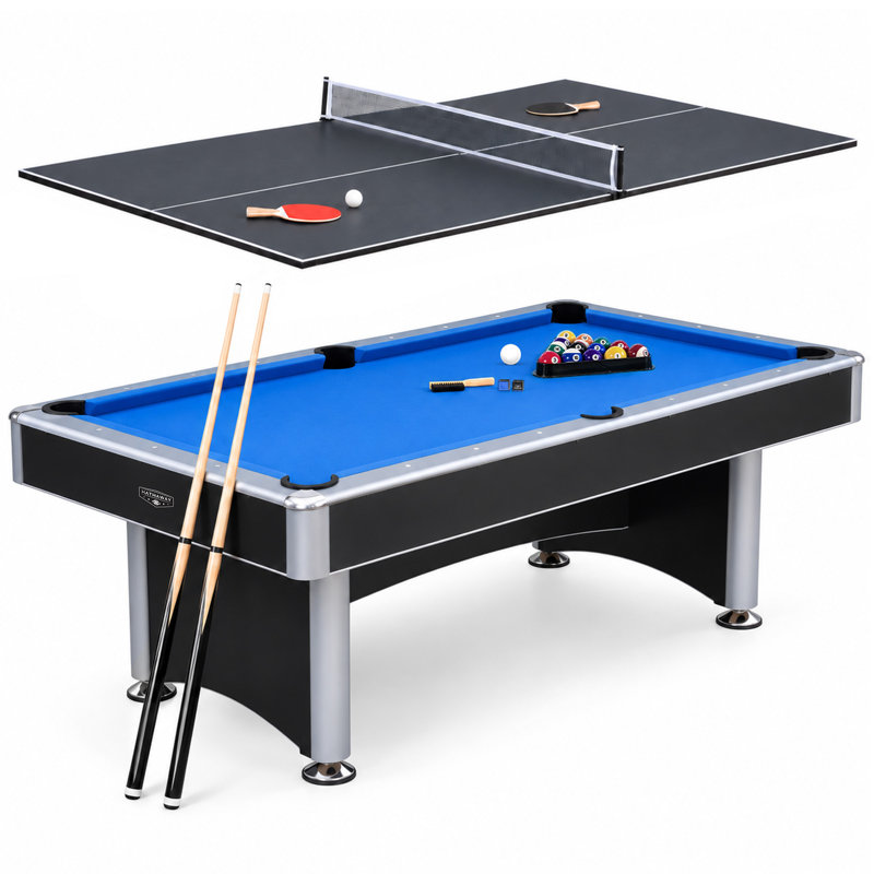 Table de billard 7 pieds avec plateau de tennis de table Hathaway Maverick II - avec accessoires pour les deux jeux - Ping-pong et table de billard combinés pour les familles - Finition noir mat, feutre bleu