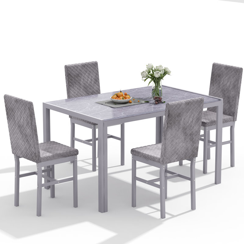 Tempered Glass Dining Table Set For 4, Modern Style Rectangle Dining Room Table Set With 4 Upholstered Armless Dining Chairs, Kitchen Table And Chairs Set For Small Spaces