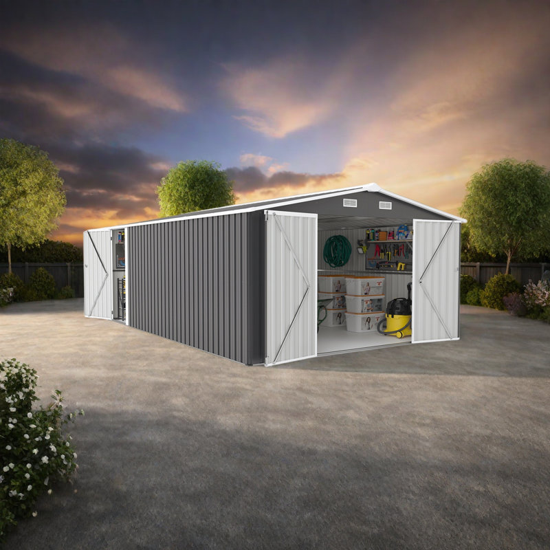 Remise de rangement extérieure durable avec portes à trois charnières - Panneaux en acier de couleur résistante (0,25 mm) - Rangement de jardin ou de cour moderne résistant aux intempéries et aux égratignures
