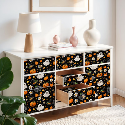 Papier peint auto-adhésif à peler et coller, citrouille d'Halloween, chapeau de sorcière, bonbon, toiles de maïs, feuilles d'automne, noir, adhésif et amovible 17,7 po x 118 po (45 x 300 cm)
