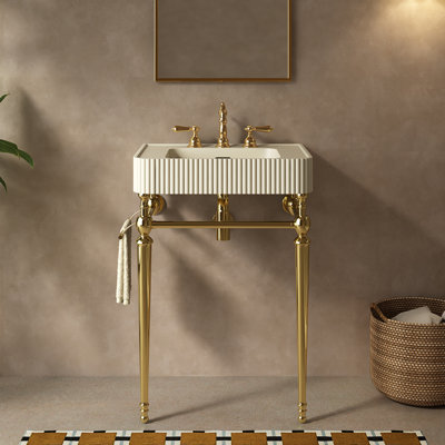 Meuble-lavabo à cannelure avec lavabo intégré à surface solide, pieds en acier inoxydable doré et barre à serviettes