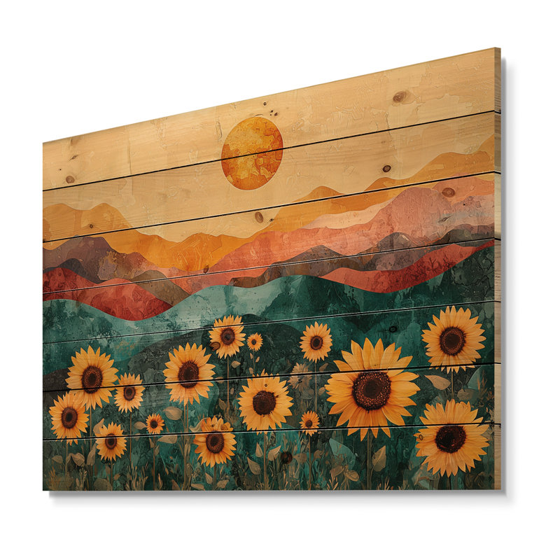 Sunflowers Field At Sunrise Desert River II - Sunflowers Wood Print - On Natural Pine Wood, 10" H x 20" W x 0.78" D