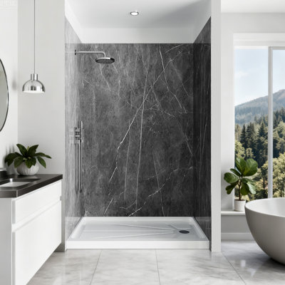 60"W x 32"D x 96"H Shower Wall Panel Surround Kit 3-Piece, Glue-Up Acrylic with 2 Corner Trims & 2 Edge Trims, Trimmable Waterproof Wall Panels, 2.8mm Thick
