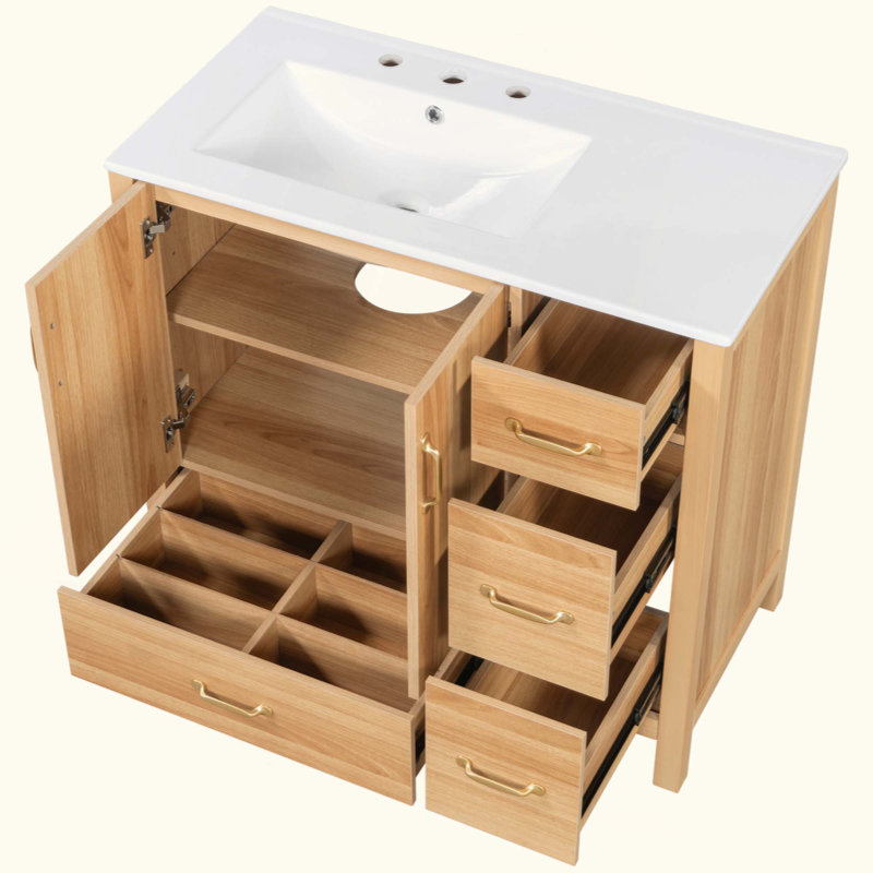 Meuble-lavabo en bois avec cadre en bois massif, 2 portes à fermeture douce, 4 tiroirs à fermeture douce, tablette réglable, armoire de rangement moderne