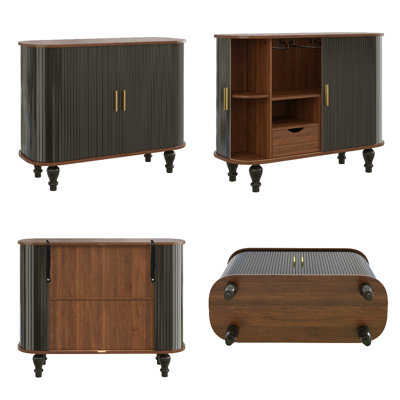 Mid-Century Modern Fluted Bar Cabinet with Wine Storage, Glass Holders, Drawer and Hidden Side Compartments