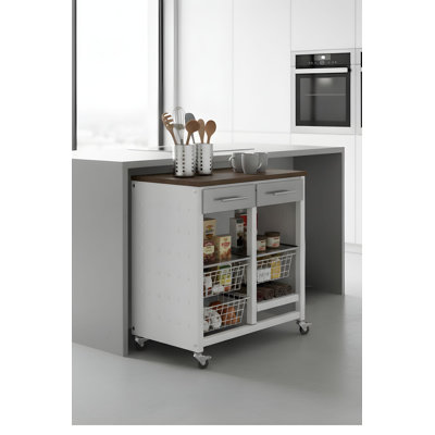Rolling Kitchen Cart with Drawers, Baskets & Wine Rack – White Metal Frame & Textured Wood Top - Bergen