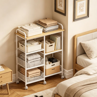 Chariot de rangement à micro-ondes avec tablette réglable, roulettes verrouillables, paniers inclinables, support à micro-ondes Bakers Rack, L 27,75 po x l 15,35 po