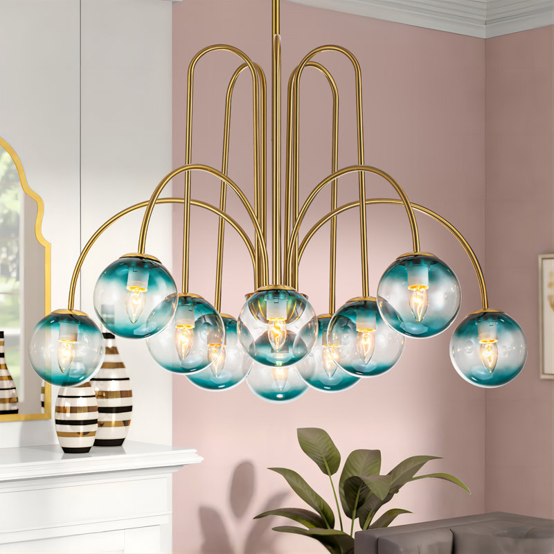 Bradrick 10 - Light Sputnik Glass Bubble Chandelier for Dinning Room, Gold, Blue